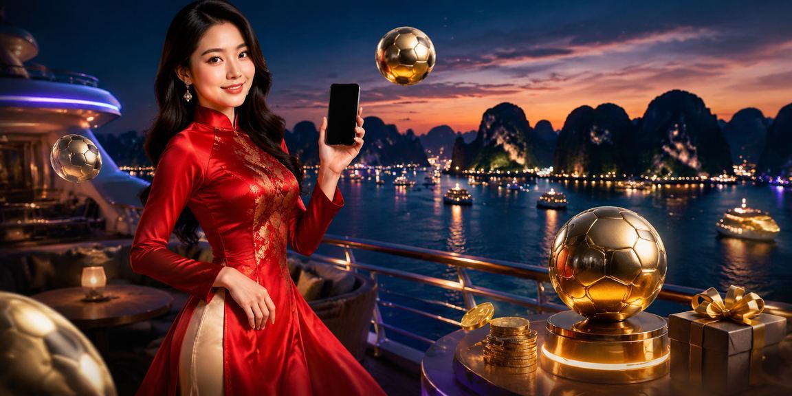 Người phụ nữ mặc áo dài nhìn ra Vịnh Hạ Long trong khi theo dõi kết quả cá cược bóng đá