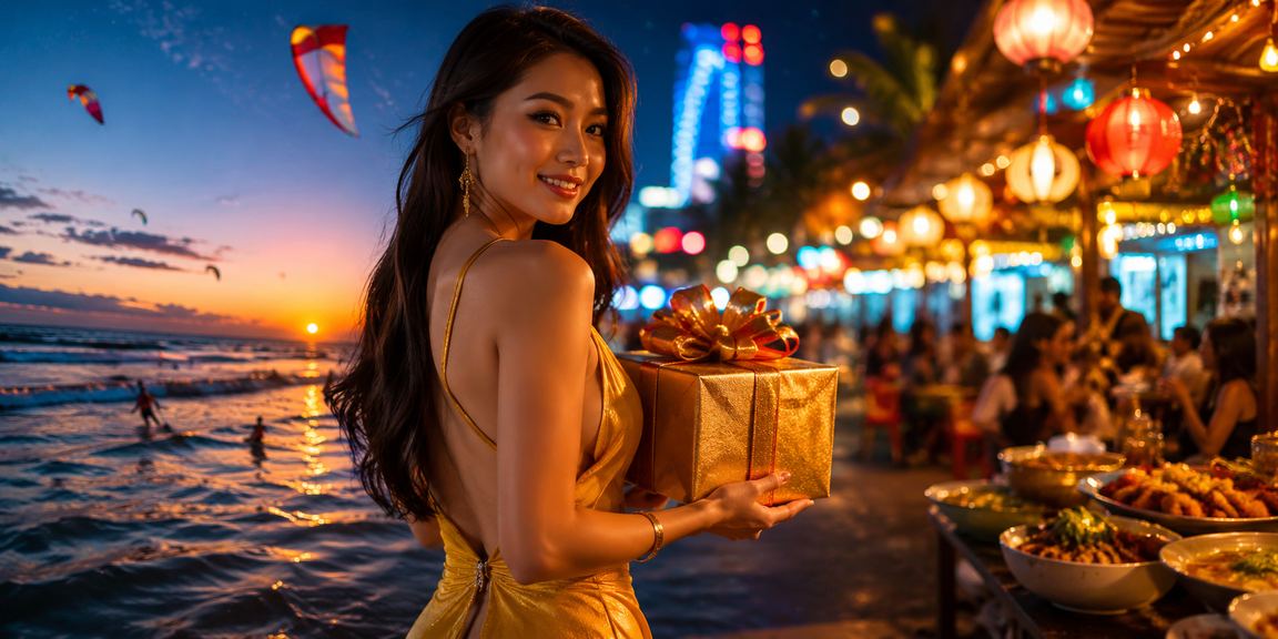 Chợ đêm Mũi Né với người dùng theo dõi kèo cá cược trên smartphone trong không khí sôi động